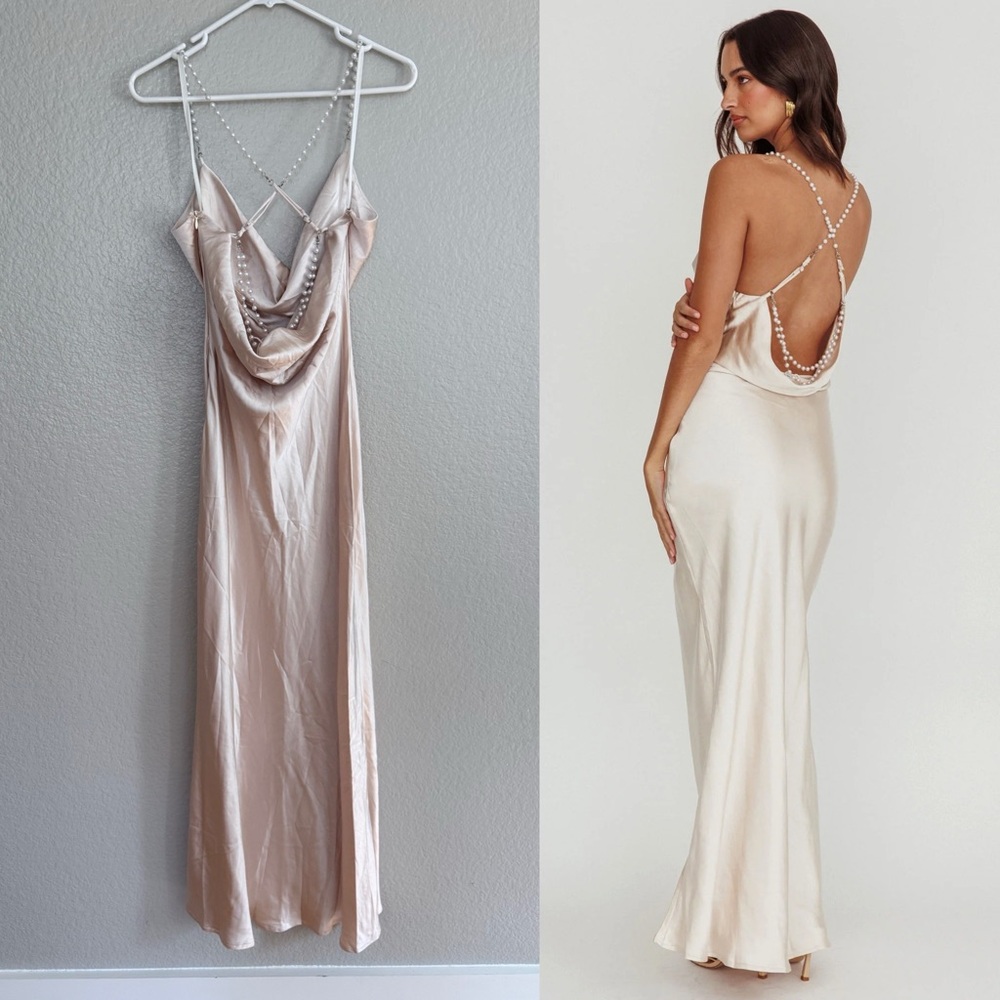 Selfie Leslie Danijela Cowl Neck Pearl Satin Maxi Dress Champagne - Picture 3 of 7